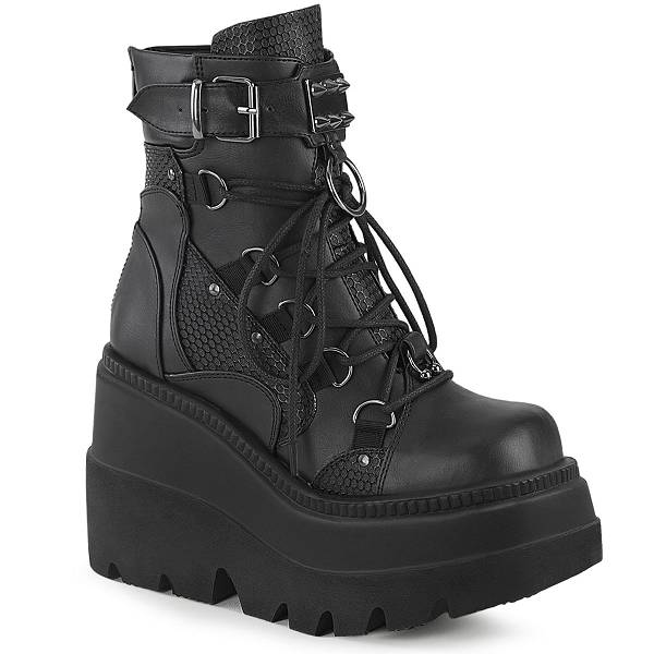 Demonia Women's Shaker-60 Platform Boots - Black Vegan Leather D2103-65US Clearance